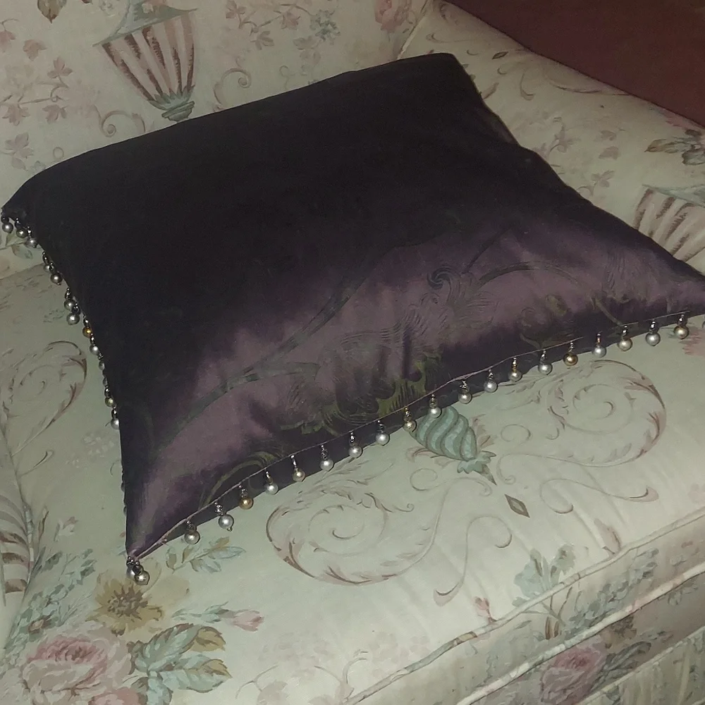 2 Pc Vintage Silk Chocolate Brown Floral Down Pearl Beaded Embellishment Pillows
